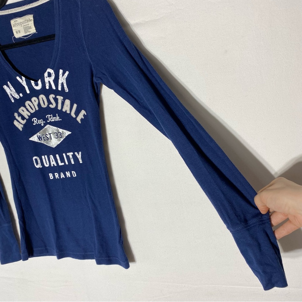 Vintage Y2K Aeropostale Dark Blue Long Sleeve Deep V Neck Ribbed Top M - Picture 10 of 15